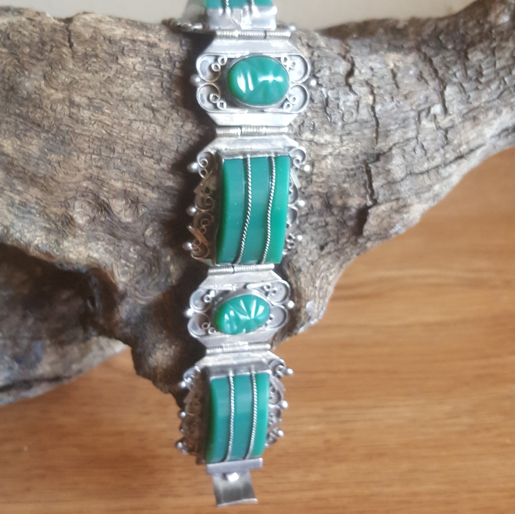 Vintage Sterling Silver And Green Onyx Mexican Bracelet